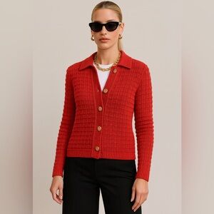 Talbots Red Textured Polo Cardigan Sweater Size Medium 100% Cotton Button Front